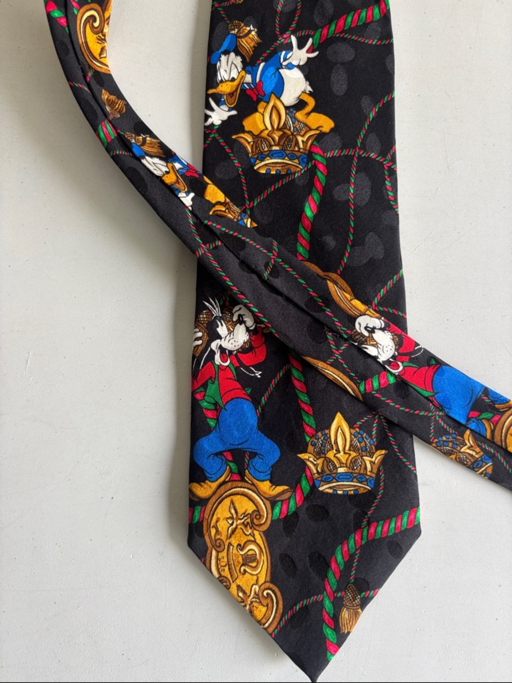 Disney Black Silk Tie with Gold Crest and Blue & Red Character Accents